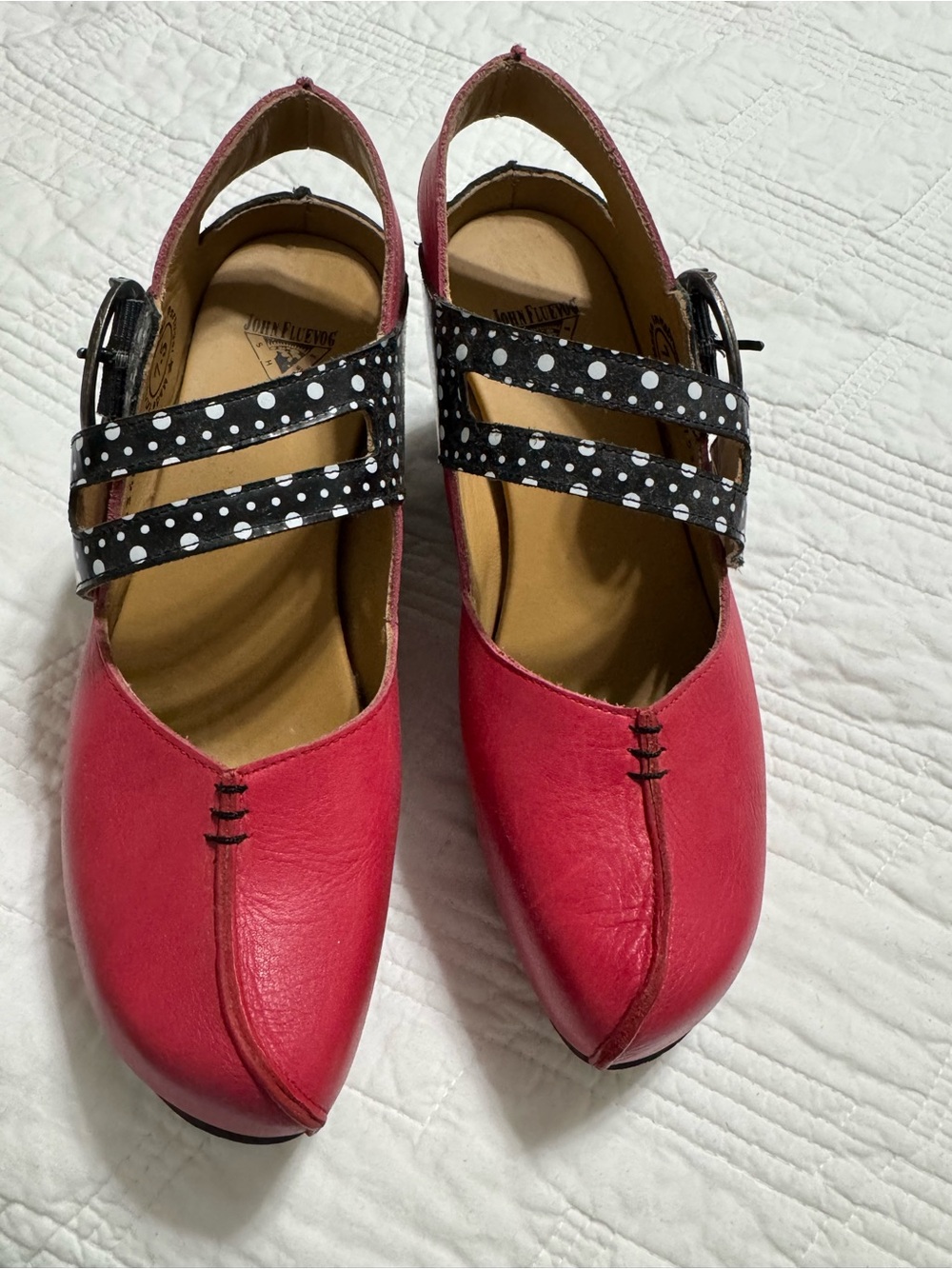 John Fluevog Red Polka Dot Leather Mary Jane Platform Pumps - Picture 3 of 4